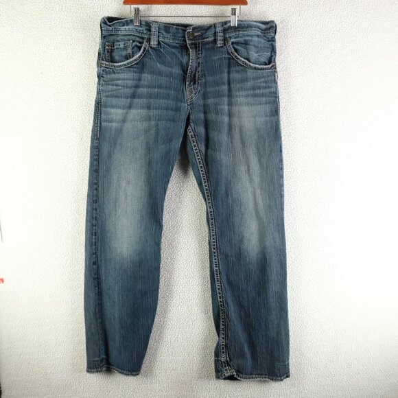 Silver Jeans Mens 38x32 Blue Zac Relaxed Bootcut Stone Wash Whiskers Y2K - Picture 1 of 11